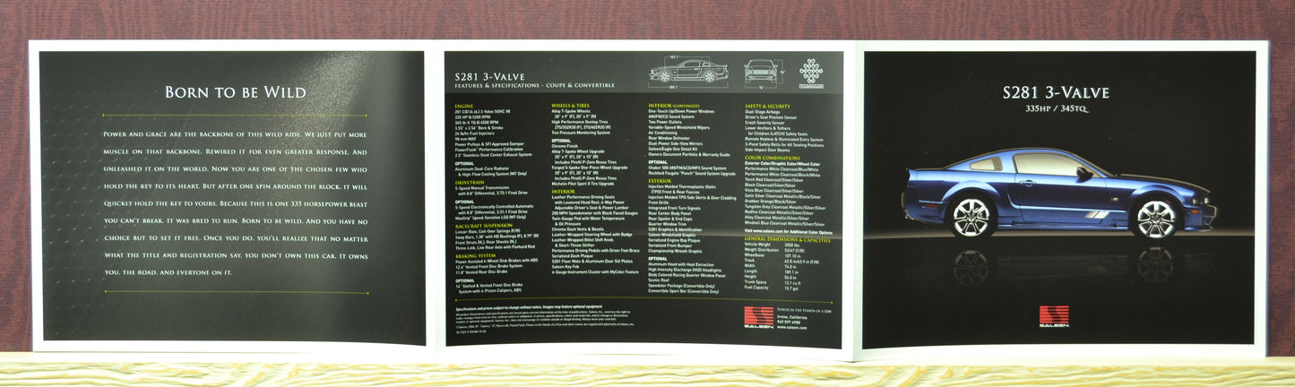 Interior pages of the 2006–2007 Saleen S281 3-Valve Mustang brochure showcasing detailed specs and visuals for coupe 