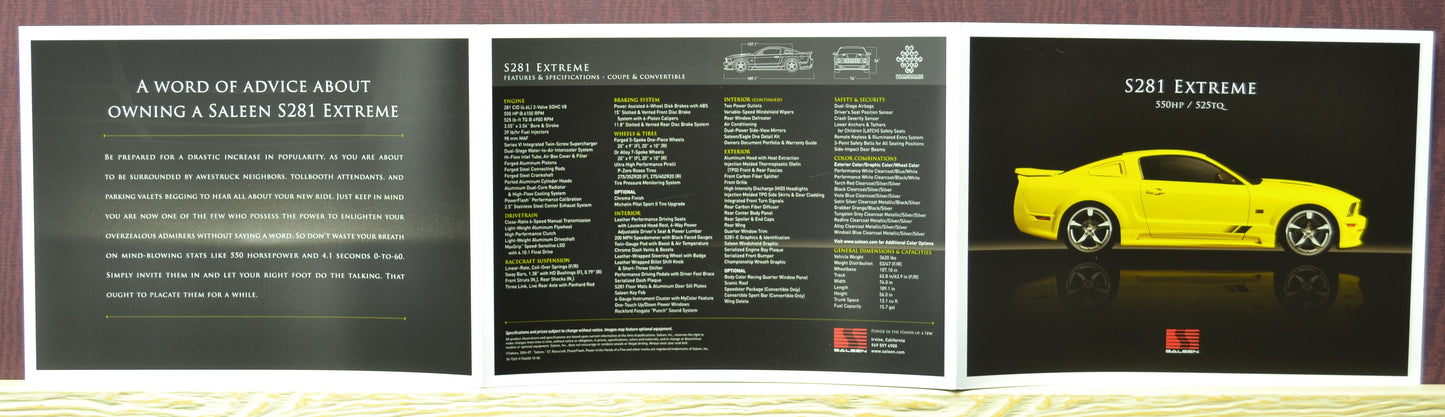 Back cover of Saleen S281 Extreme brochure with detailed specs
