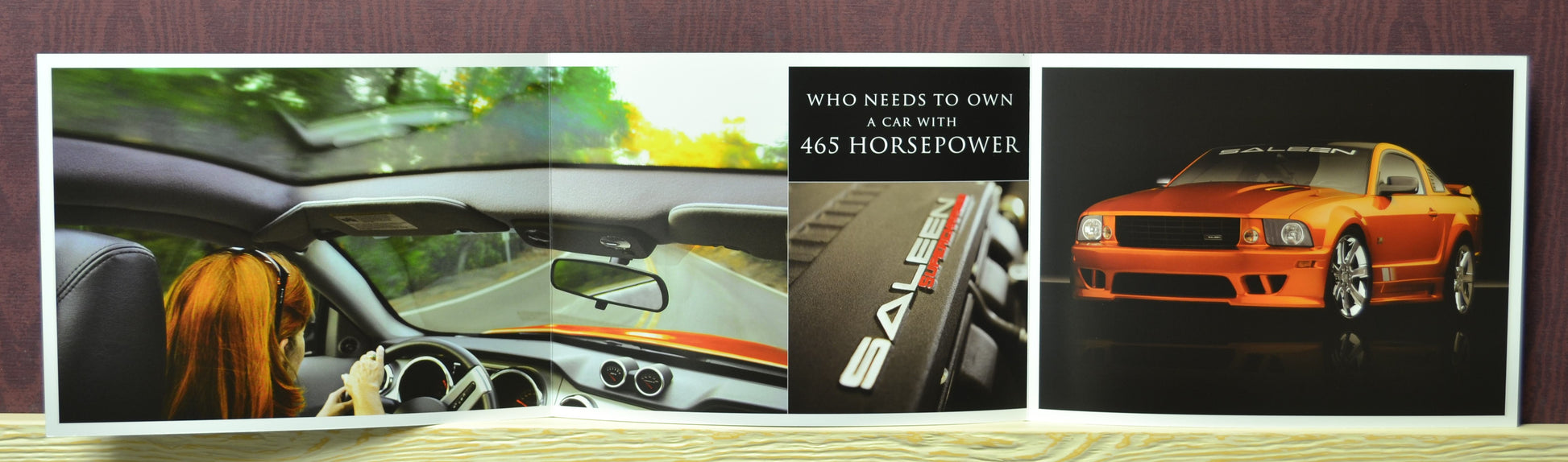 Interior of Saleen Mustang S281 Supercharged brochure showing 465 HP specs