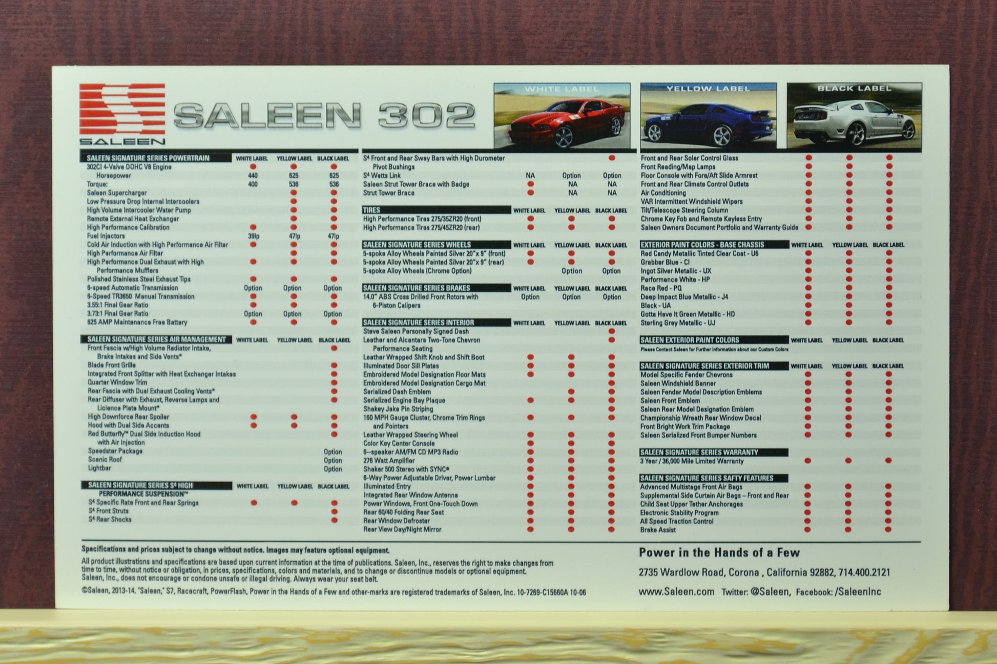 Back of Saleen 302 Black Label Mustang Specifications Card