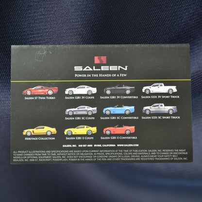 Back of Saleen Performance promo card highlighting Saleen’s vehicle lineup, including the S281 SC Coupe and Saleen S7 Twin Turbo