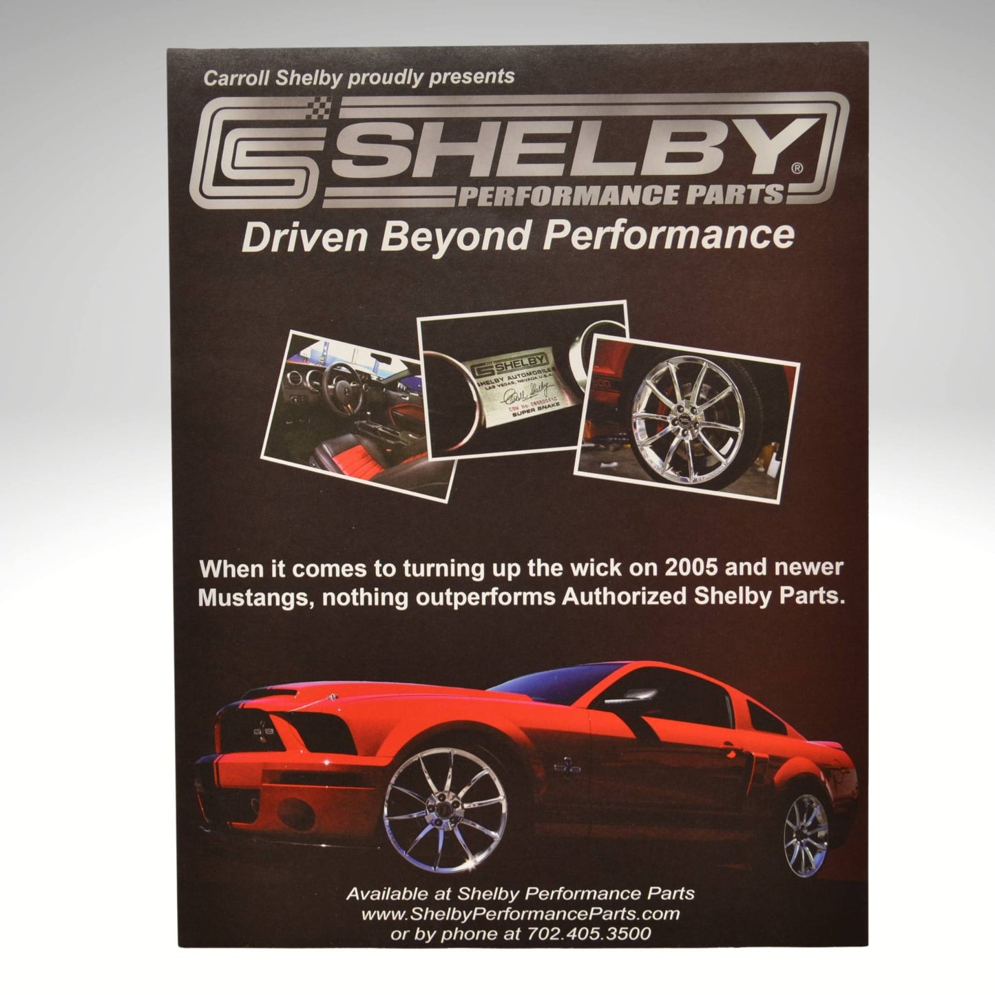 Shelby Performance Parts advertisement with a red car and promotional text.