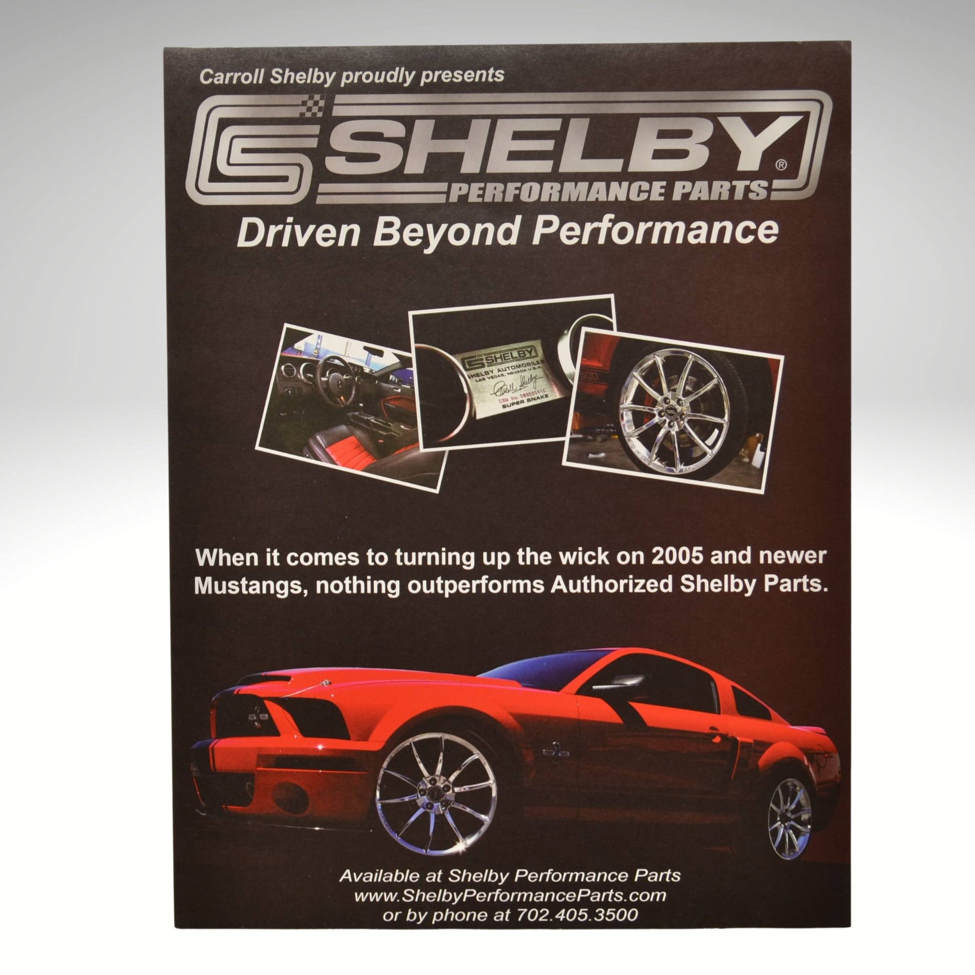 Shelby Performance Parts advertisement with a red car and promotional text.