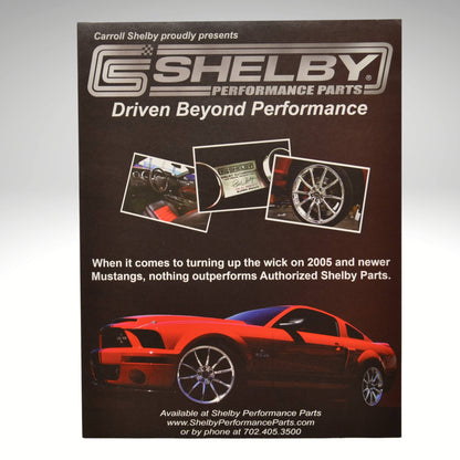 Shelby Performance Parts advertisement with a red car and promotional text.