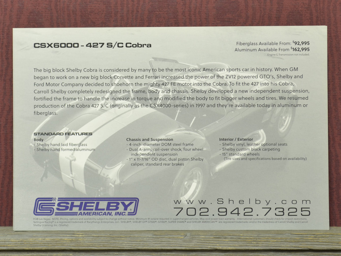 Brochure or flyer about Shelby American Inc. 427-sc-csx6000-factory-spec-card