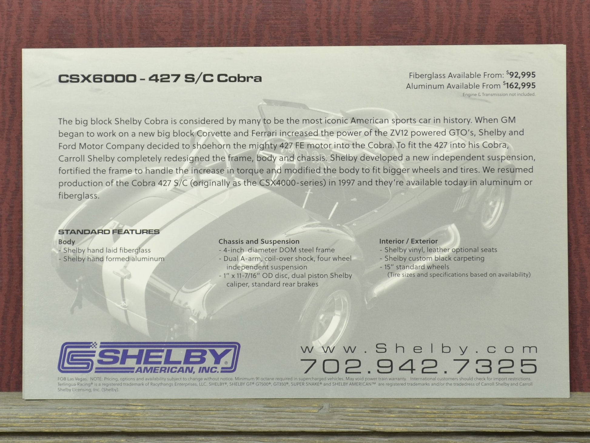 Brochure or flyer about Shelby American Inc. 427-sc-csx6000-factory-spec-card
