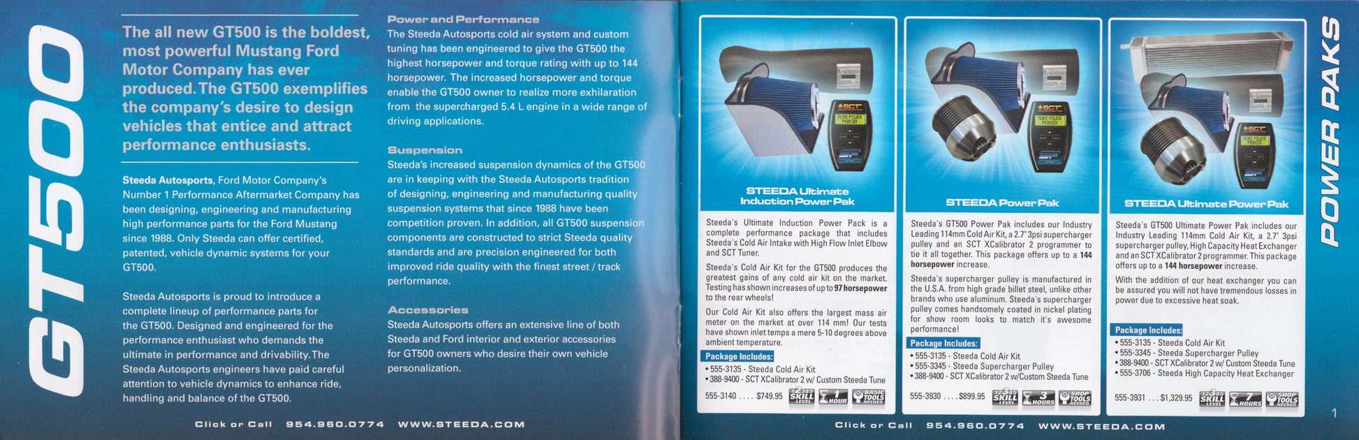Brochure or flyer for a product with text and images of equipment on a blue background for Steeda GT500 Mustang performance catalog 