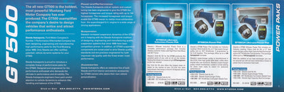 Brochure or flyer for a product with text and images of equipment on a blue background for Steeda GT500 Mustang performance catalog 
