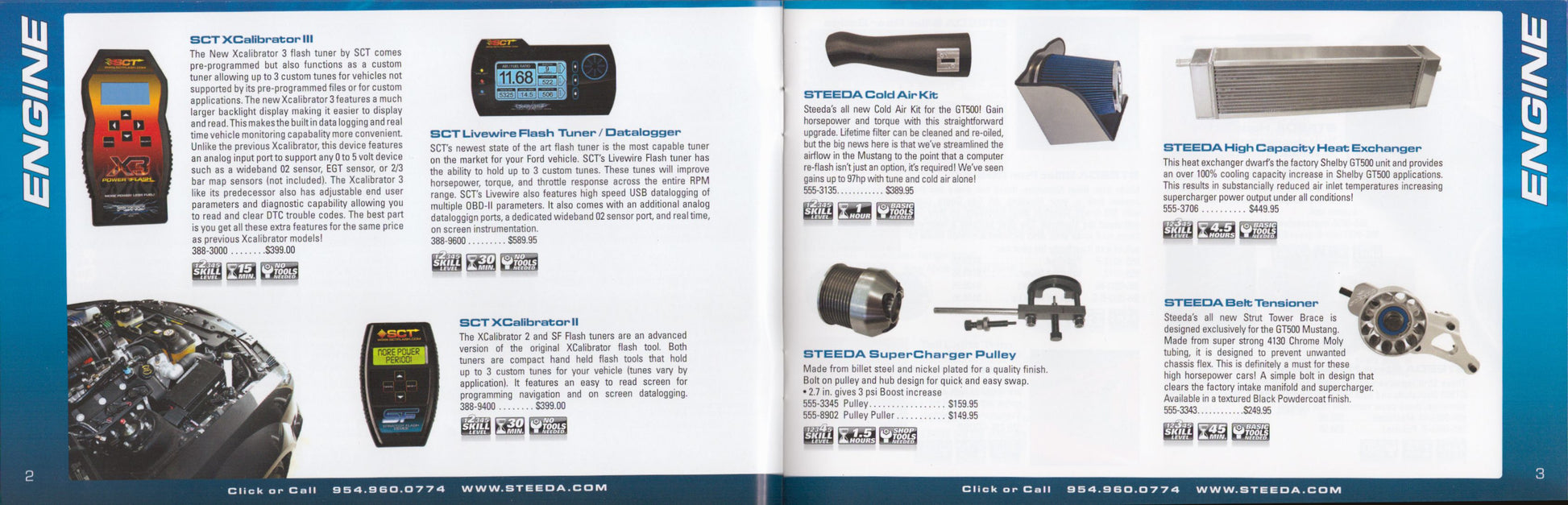Brochure or catalog page with automotive parts and tools on a blue background for Steeda GT500 Mustang performance catalog 