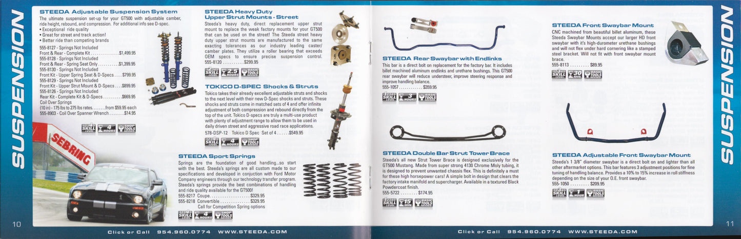 Steeda GT500 Mustang performance catalogue  page featuring automotive suspension components with text and images.