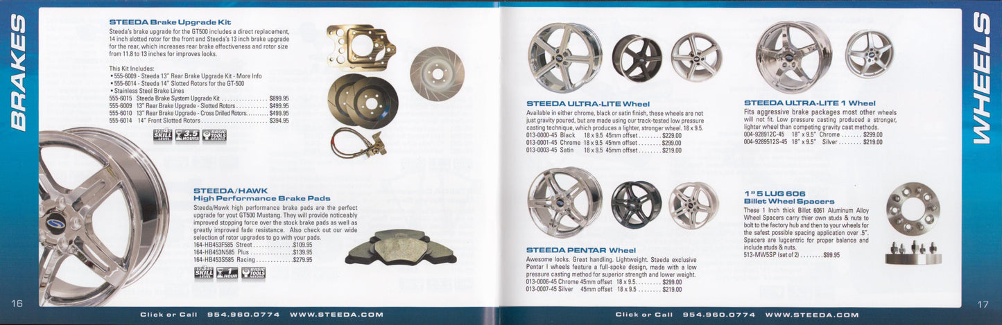 Steeda GT500 Mustang performance catalog showing automotive wheels and brakes with images and text.