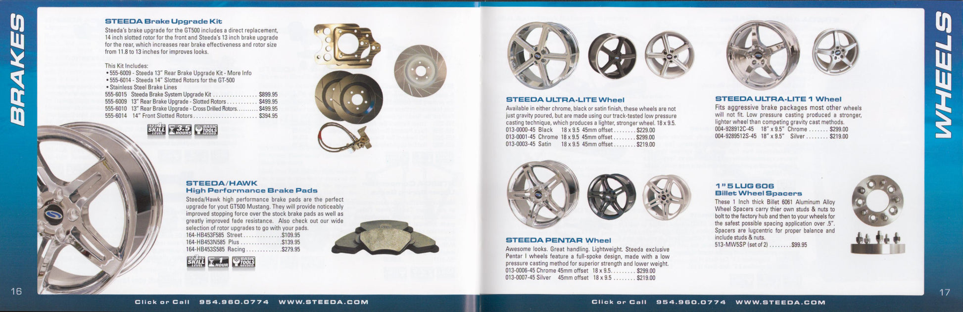 Steeda GT500 Mustang performance catalog showing automotive wheels and brakes with images and text.