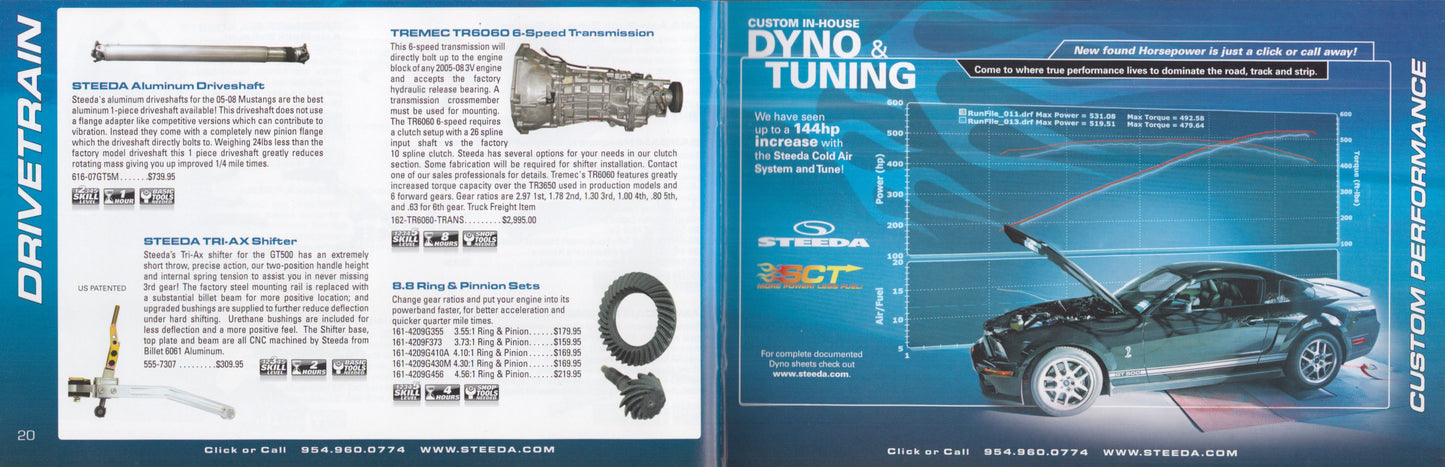 steeda Automotive parts and tuning services brochure with text and images of car components.