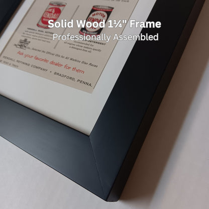 Framed document with text and a logo, featuring a solid wood 1¼" frame vintage art garage