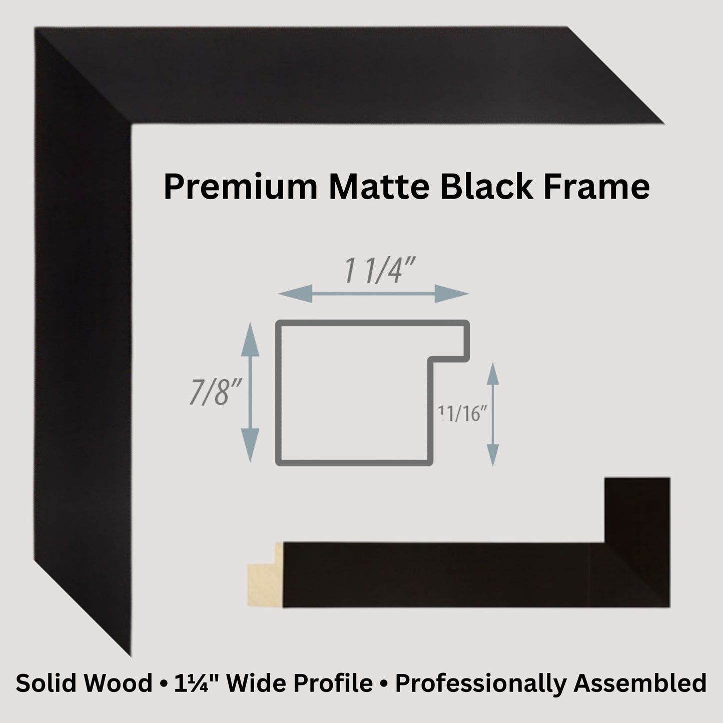 Diagram of a premium matte black frame with dimensions on a light gray background vintage art garage