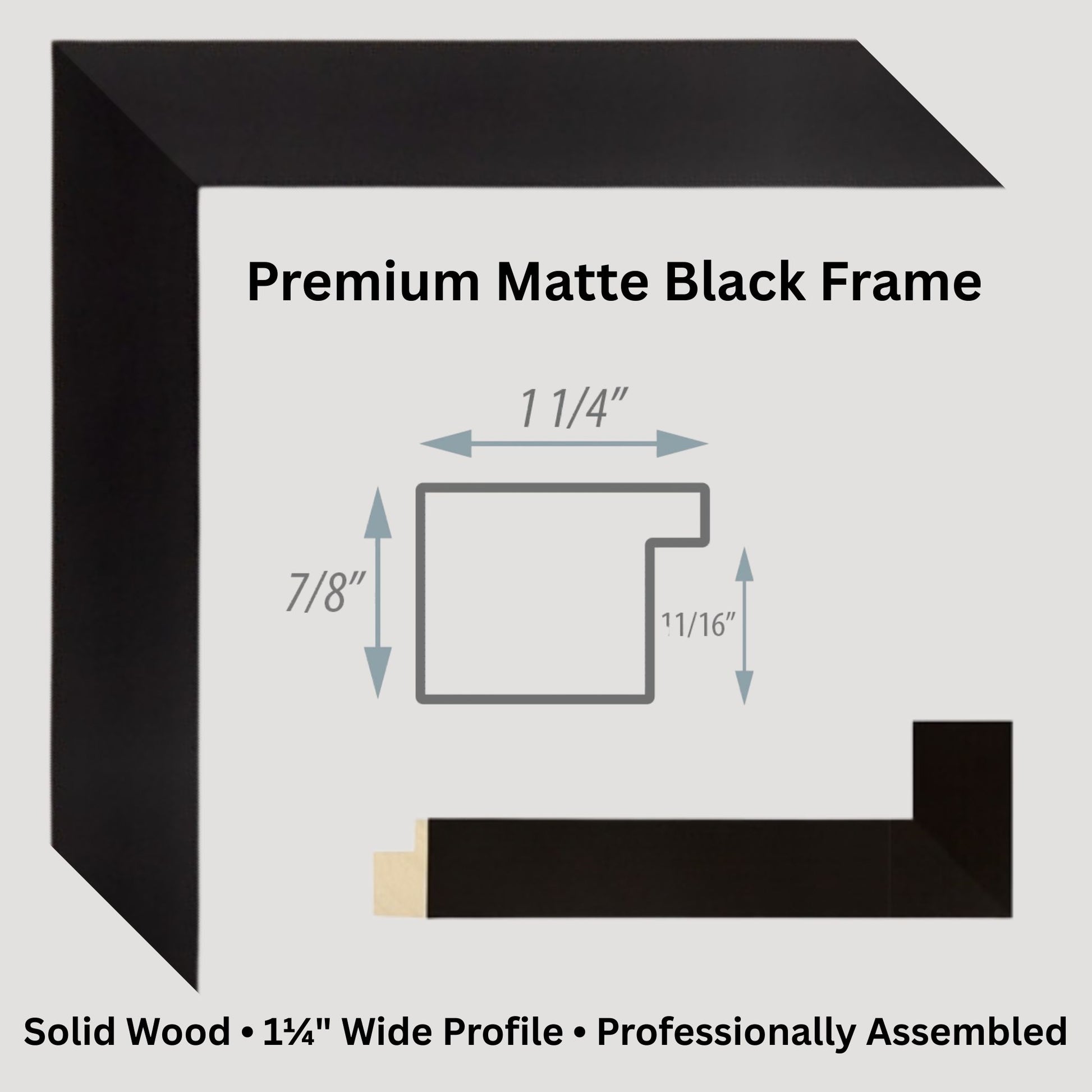 Diagram of a premium matte black frame with dimensions on a light gray background vintage art garage
