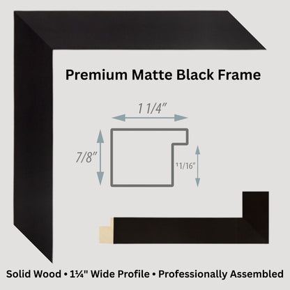 Diagram of a premium matte black frame with dimensions on a light gray background vintage art garage