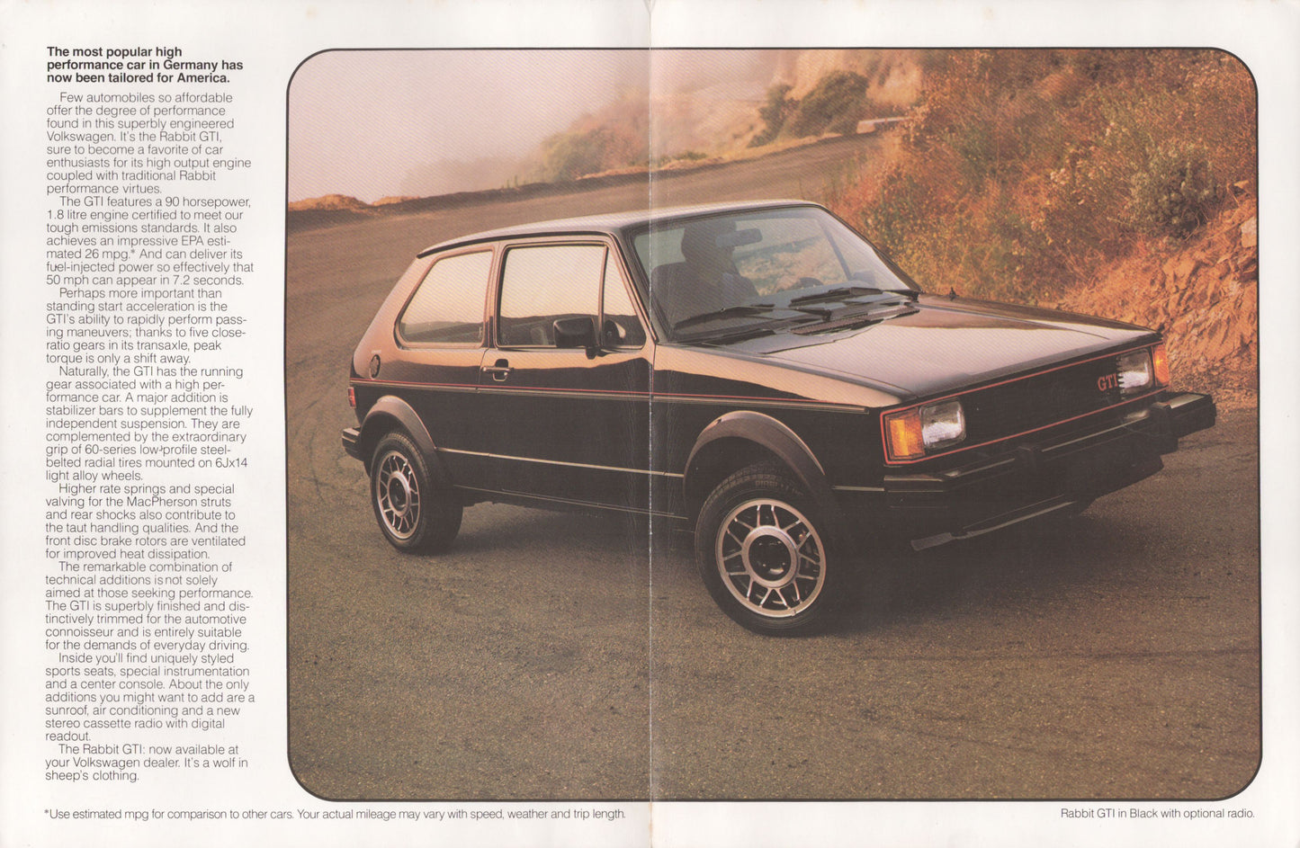 Volkswagen Rabbit GTI original sales brochure interior performance photography