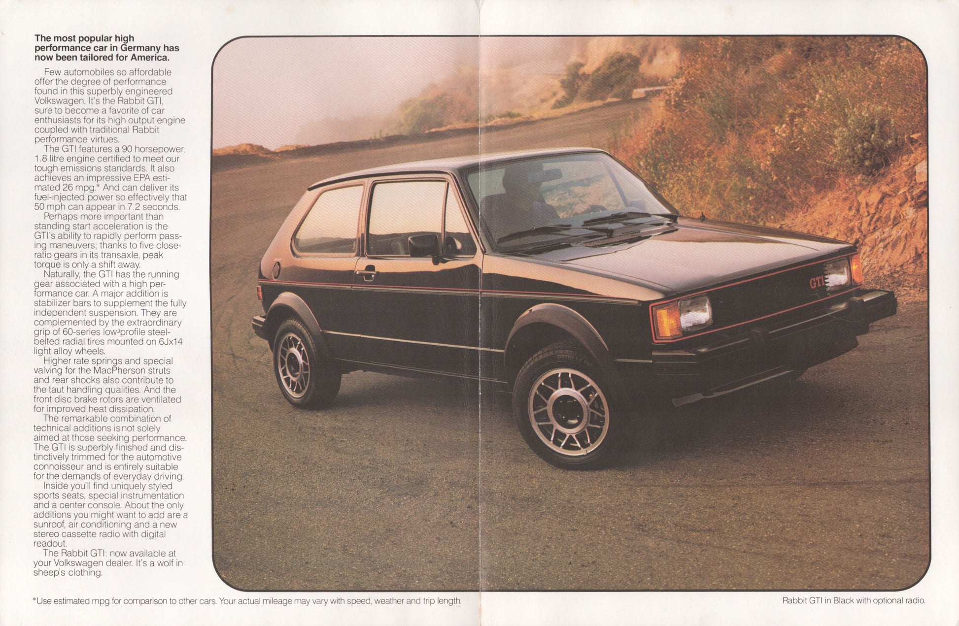 Volkswagen Rabbit GTI original sales brochure interior performance photography