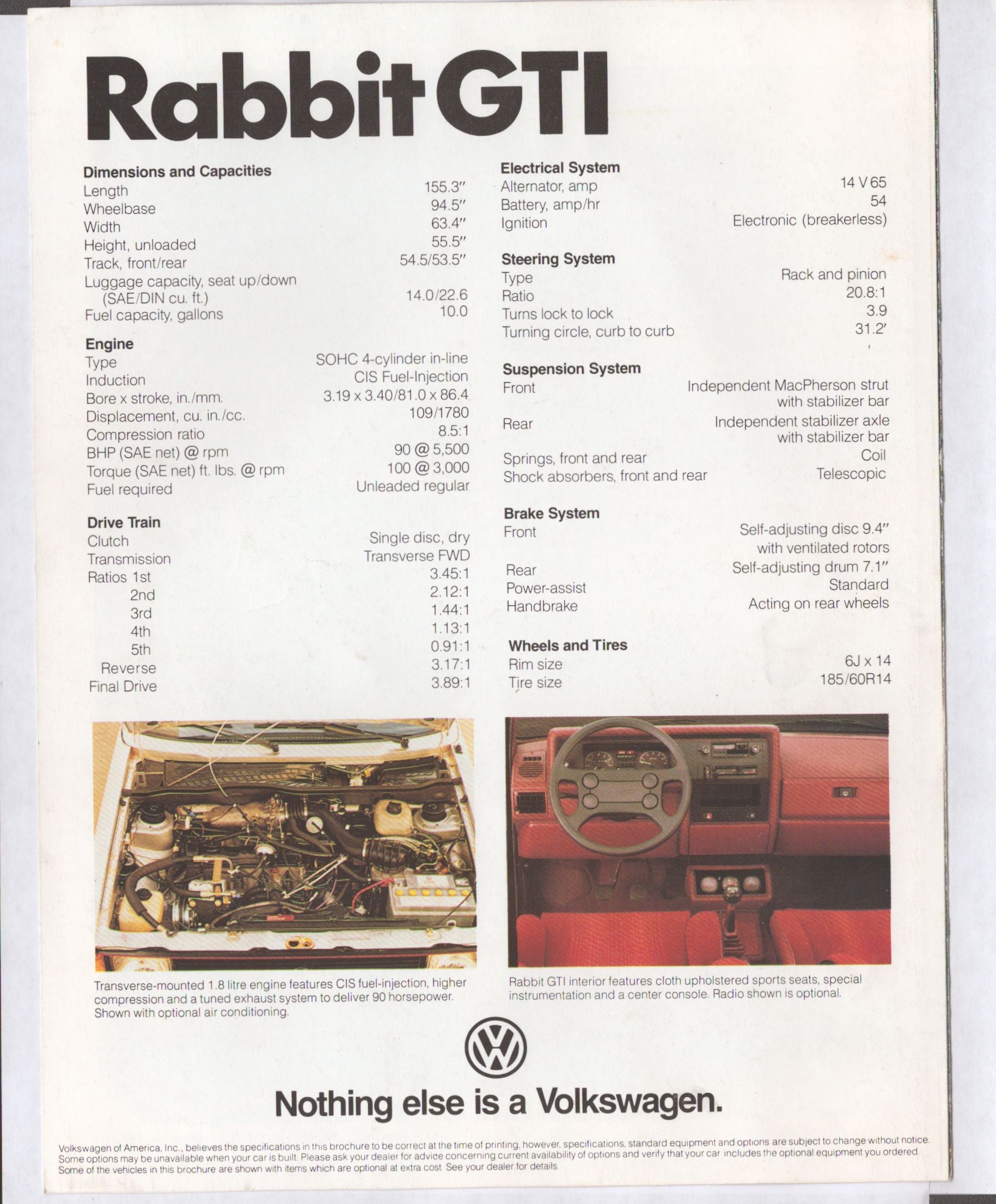 Volkswagen Rabbit GTI brochure specifications engine and interior information