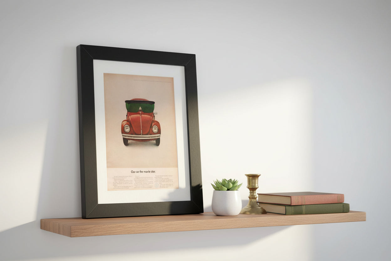 Framed print of a VW Beetle Disney Movie Star Ad