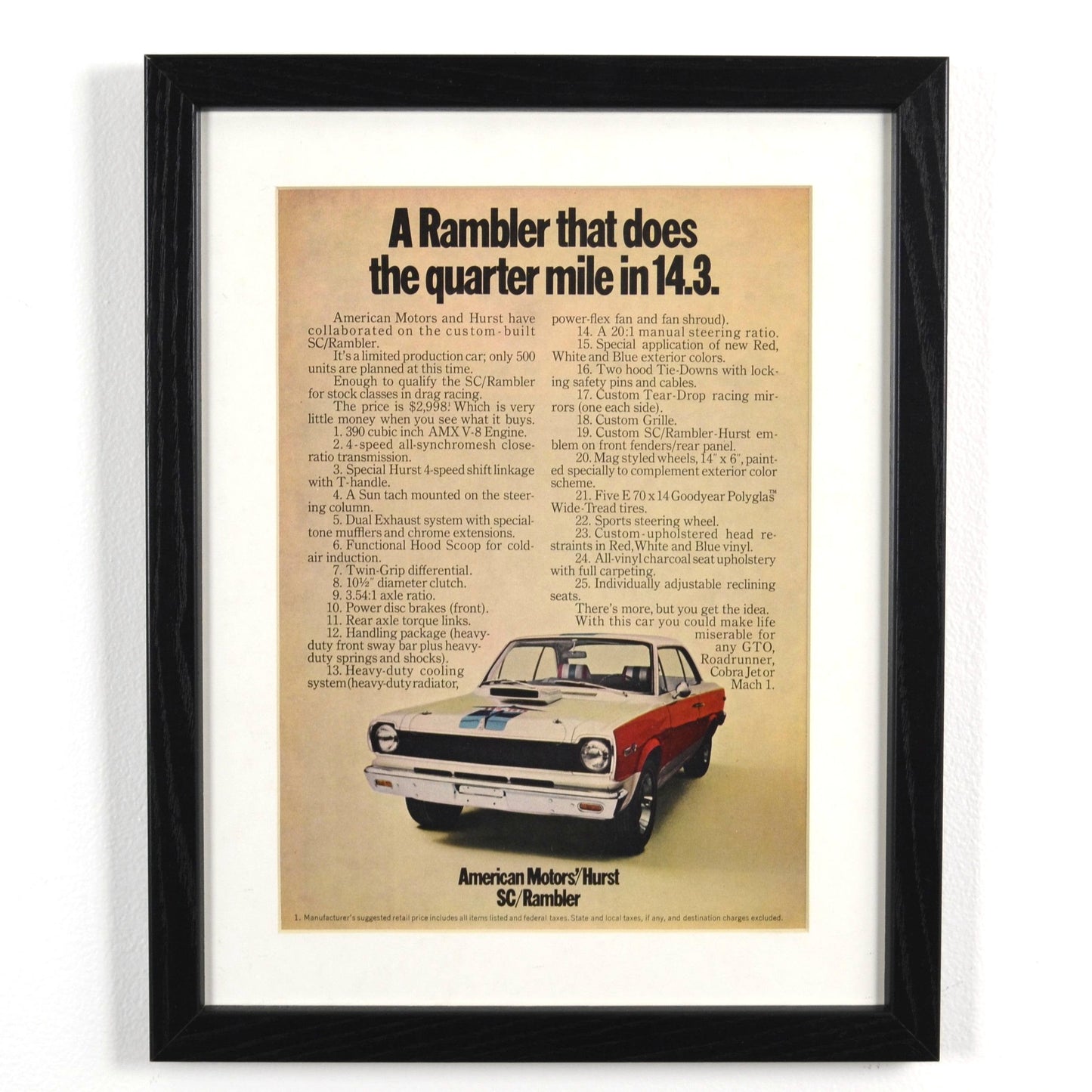 Vintage 1969 AMC Hurst SC/Rambler Ad | Muscle Car Wall Art framed