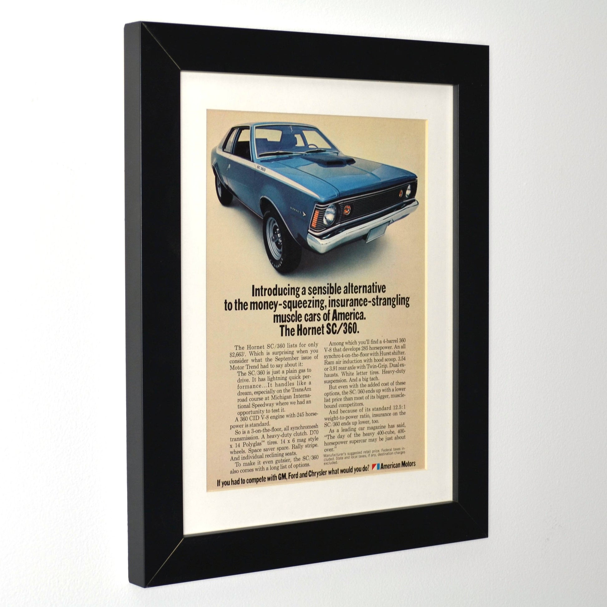 Vintage 1970s AMC Hornet SC/360 Print Ad framed side view
