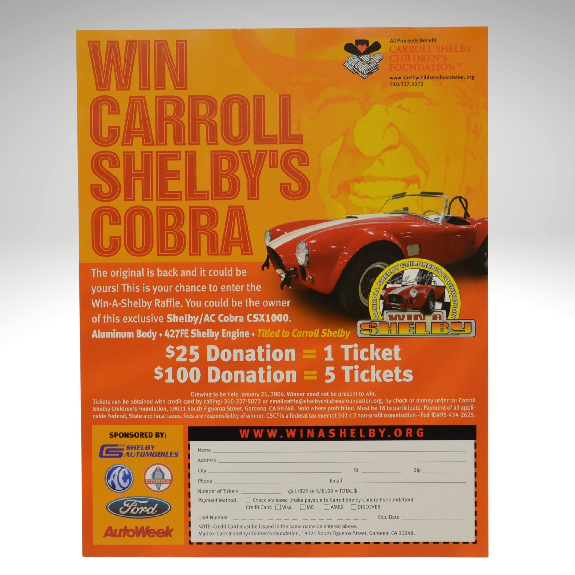Poster advertising a chance to win Carroll Shelby's Cobra with details and contact information.