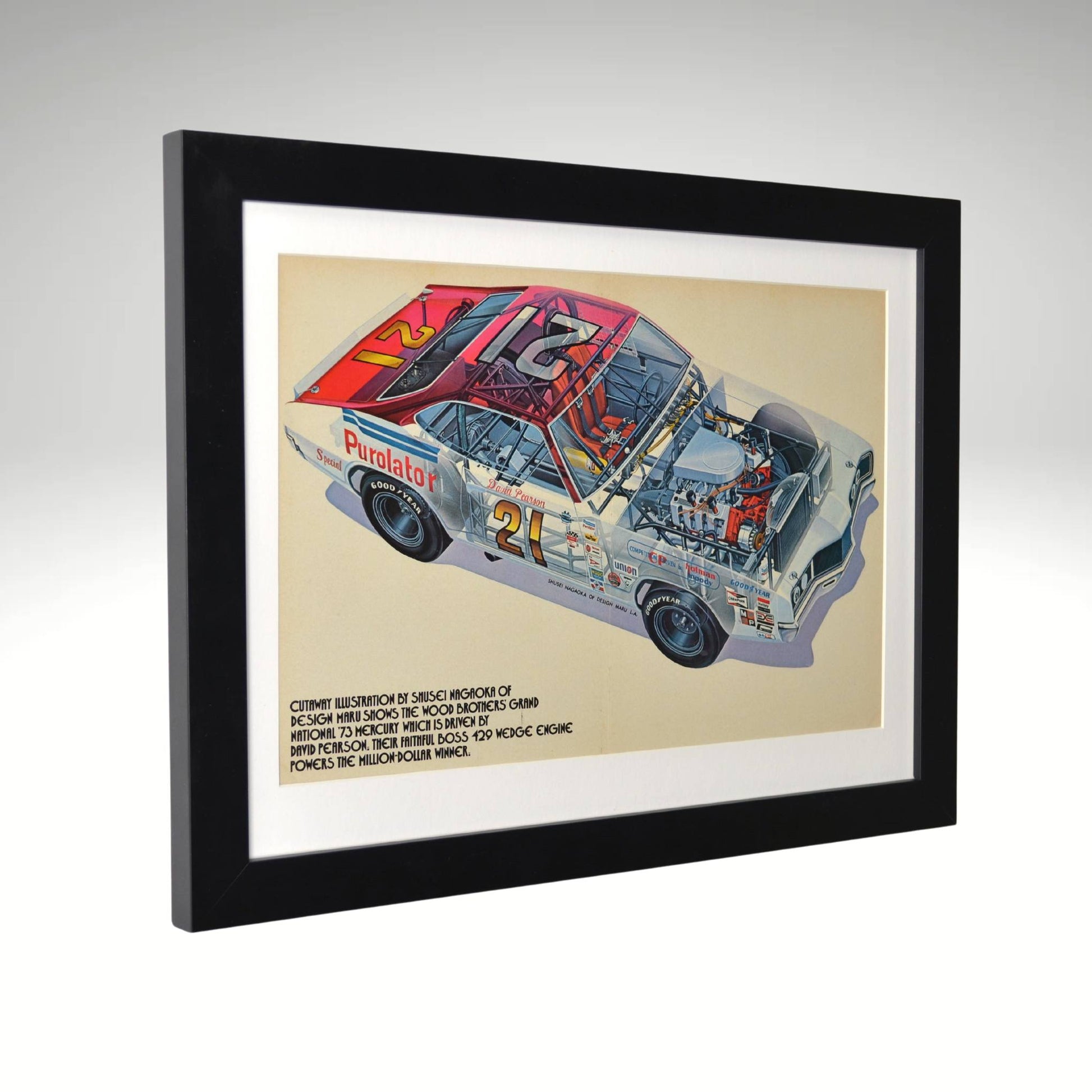 Framed 1973 Wood Brothers Mercury Cyclone NASCAR print featuring David Pearson's race-winning car, presented with a glass front and satin black frame side view.

