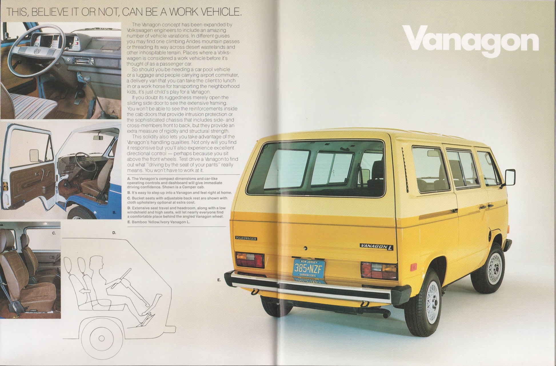 Yellow Vanagon with interior and feature text on a white background
