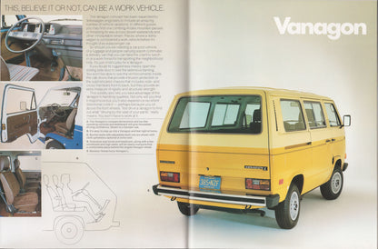 Yellow Vanagon with interior and feature text on a white background