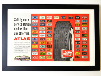 Relive the Golden Age of Automobiles with this Framed 1960 Atlas Tires Print