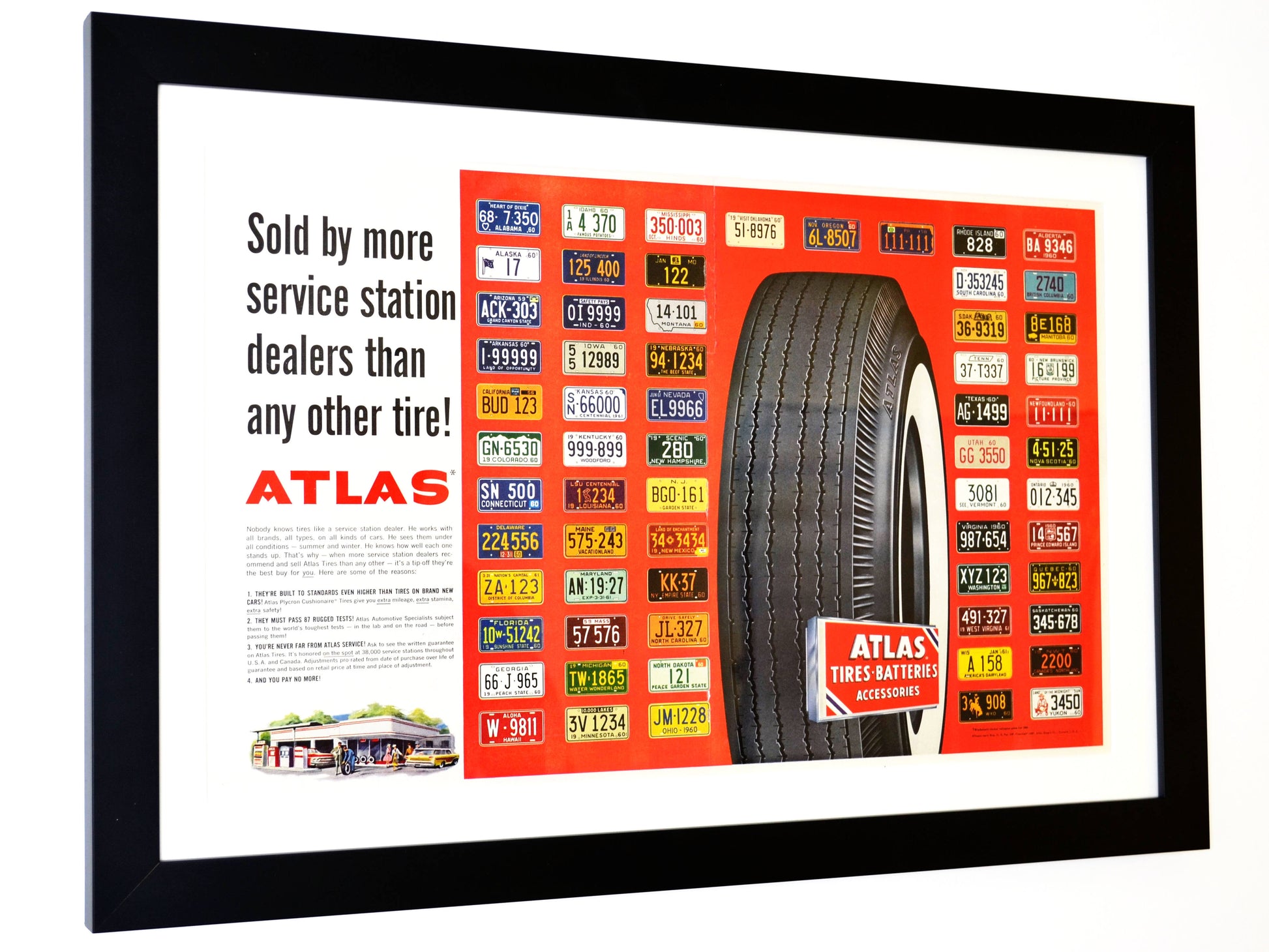 Relive the Golden Age of Automobiles with this Framed 1960 Atlas Tires Print side view