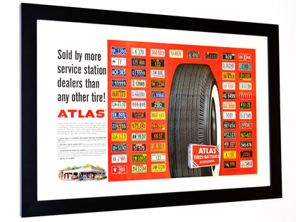 Relive the Golden Age of Automobiles with this Framed 1960 Atlas Tires Print side view