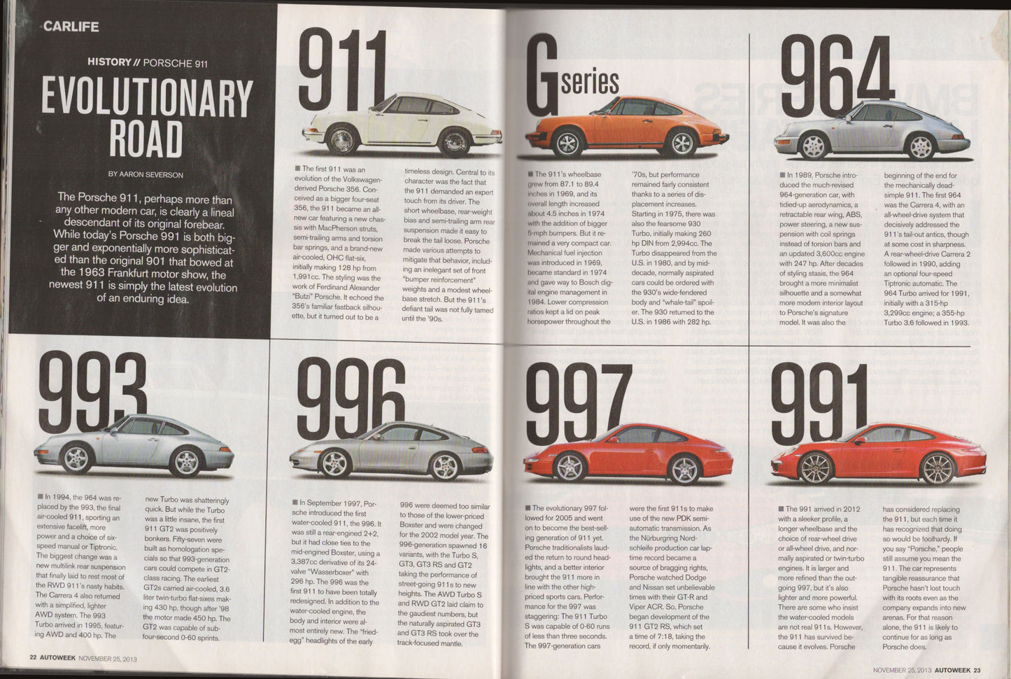 Porsche car models 911, 964, 993, 996, 997, and 991 with text on a magazine page.