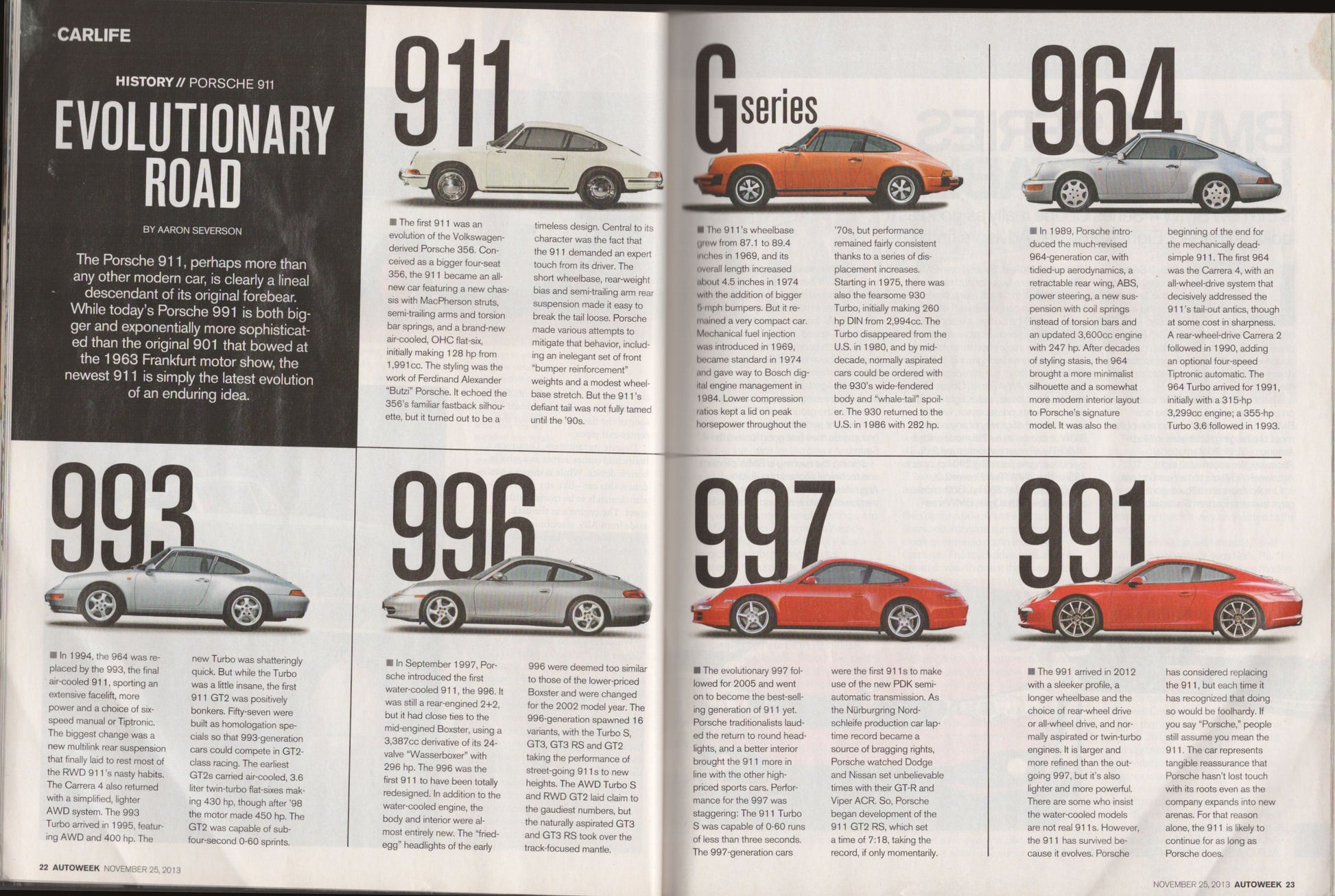 Porsche car models 911, 964, 993, 996, 997, and 991 with text on a magazine page.