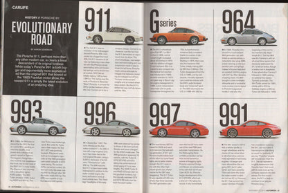 Porsche car models 911, 964, 993, 996, 997, and 991 with text on a magazine page.