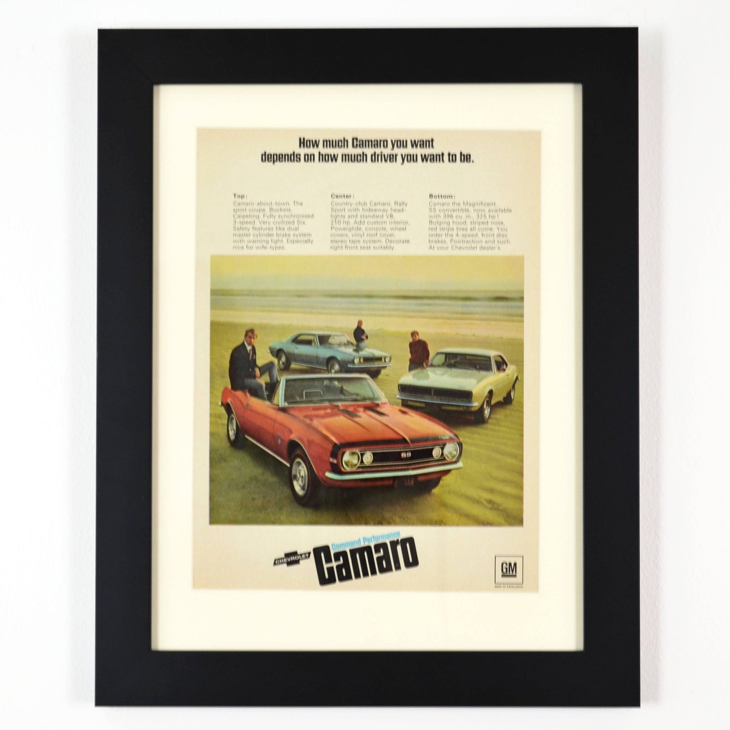 1967 Chevy Camaro Ad - Vintage Muscle Car Print for Mancave or Garage Decor framed