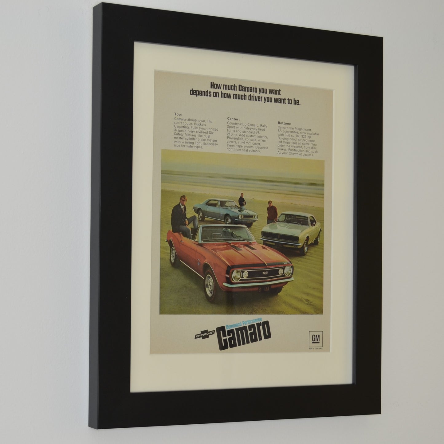 framed 1967 Chevy Camaro Ad - Vintage Muscle Car Print for Mancave or Garage Decor 