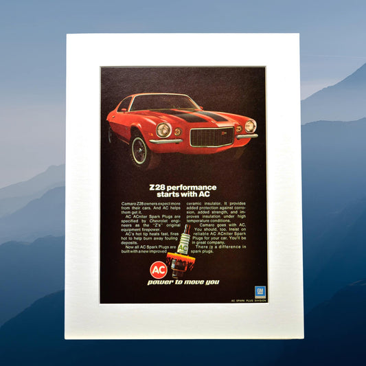 1972 AC Spark Plug Ad Featuring Camaro Z28 - Vintage Muscle Car Art