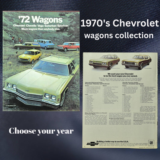 The front cover features a yellow Chevrolet Kingswood station wagon in a scenic outdoor setting, surrounded by other Chevrolet models, including the Vega, Chevelle, Suburban, and Sportvan. The back cover showcases wagon specifications, trim options, and features.