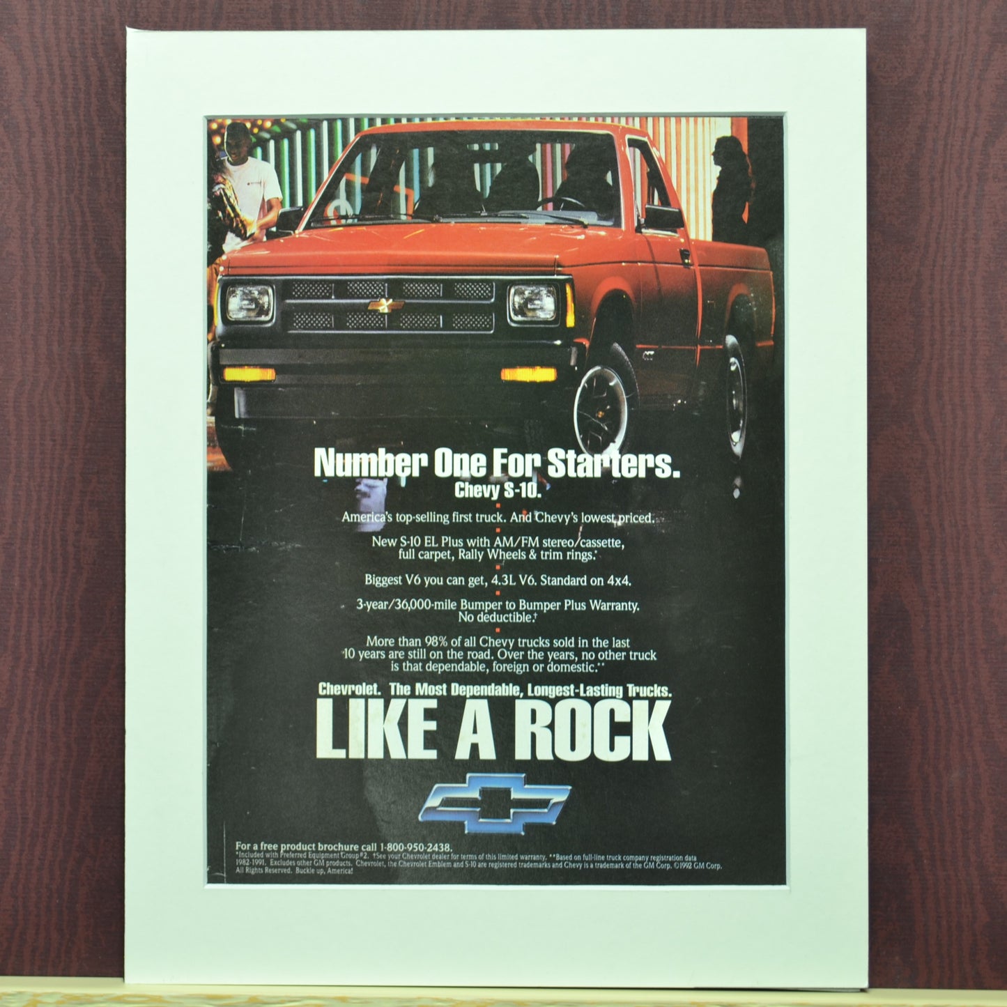 1992 Chevrolet S-10 Ad - "Like a Rock" Vintage Chevy Truck Art for Garage Decor