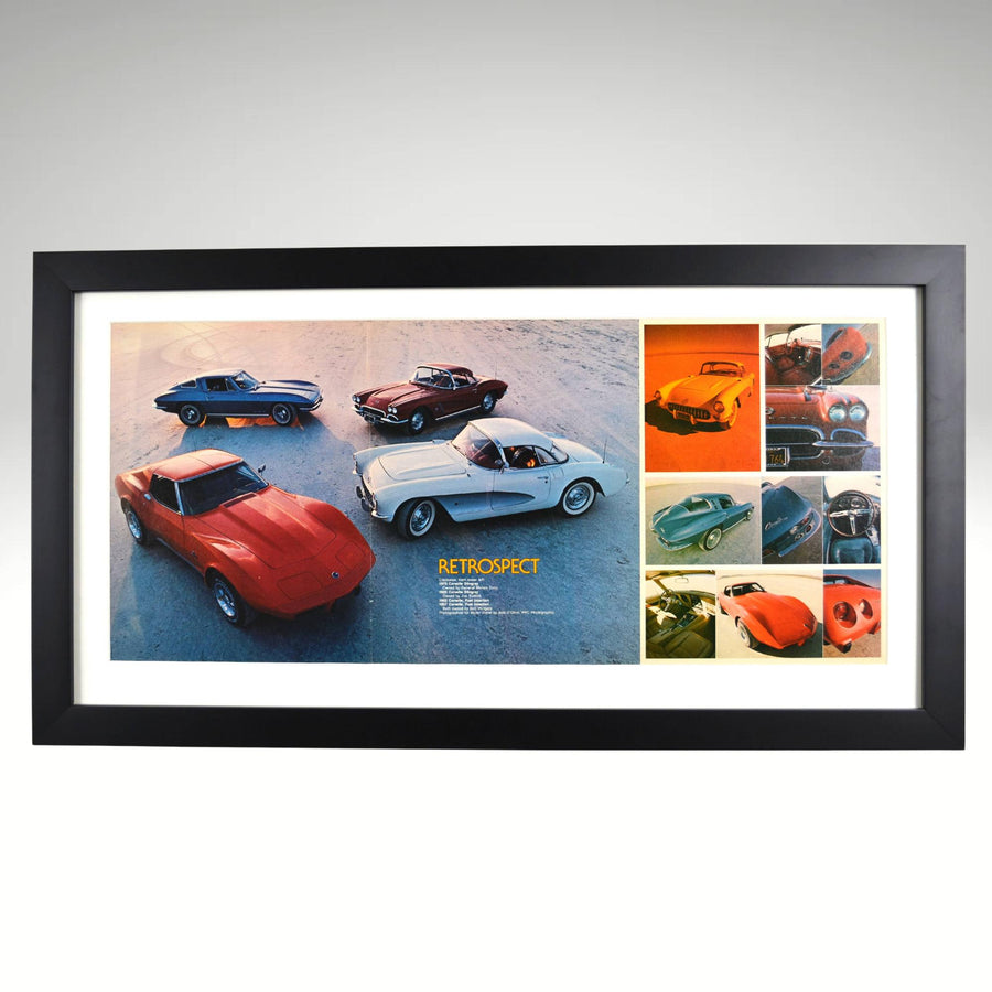 Framed Corvette Retrospect classic car print featuring C1, C2, and C3 models – 15x28 vintage wall art