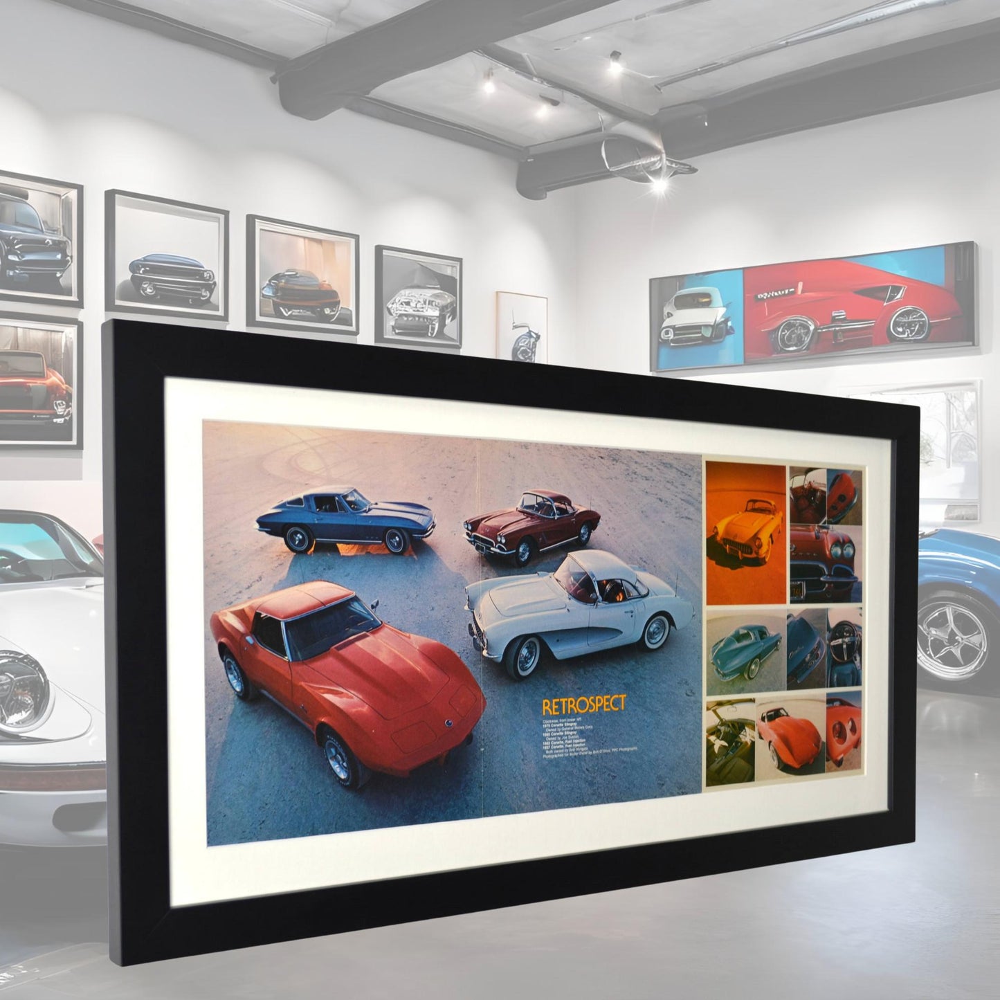 Framed 15x28 Corvette print with white mat and satin black frame