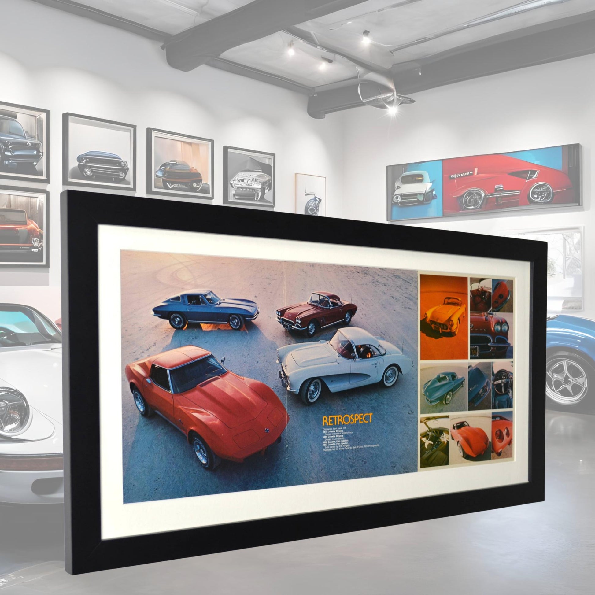 Framed 15x28 Corvette print with white mat and satin black frame