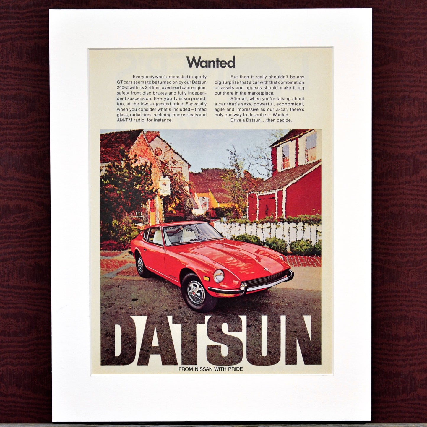 1970 Datsun 240Z automotive print ad, Framed classic car wall art