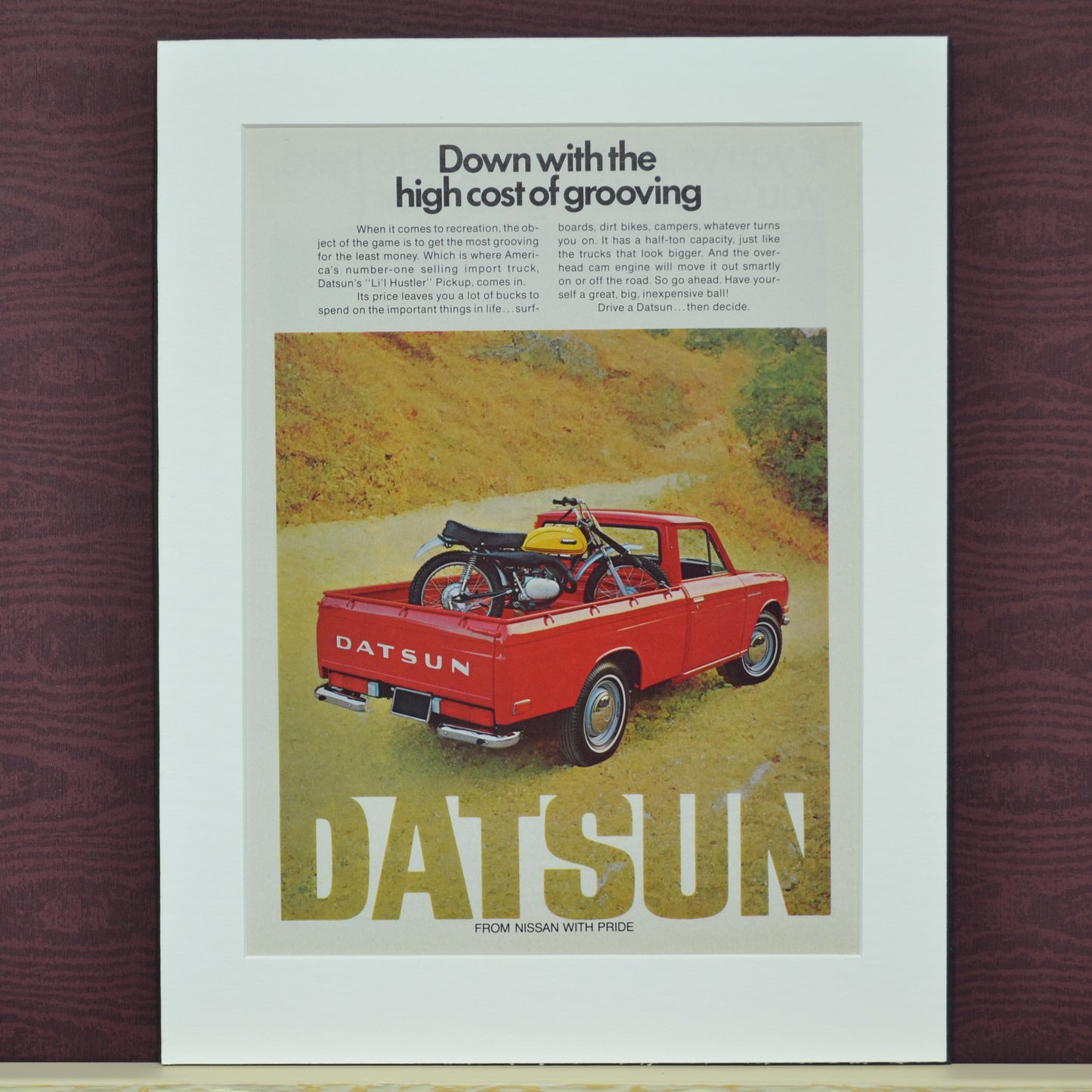 1972 Datsun Lil Hustler pick up print ad, Framed vintage automotive wall art