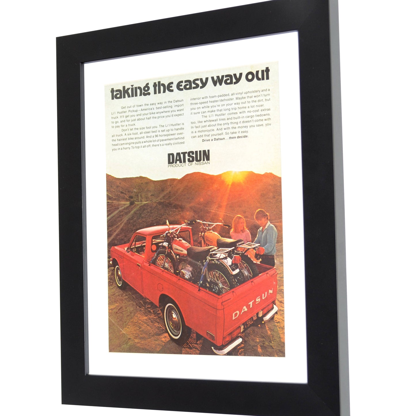 Vintage Datsun Lil Hustler pick up print ad, Framed automotive wall art