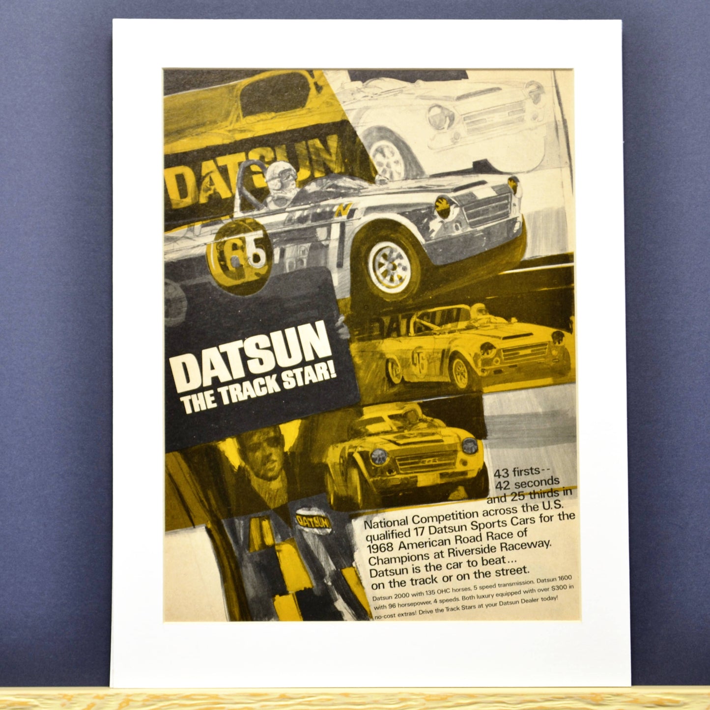 Vintage Datsun 2000 road racing print ad, framed automotive wall art