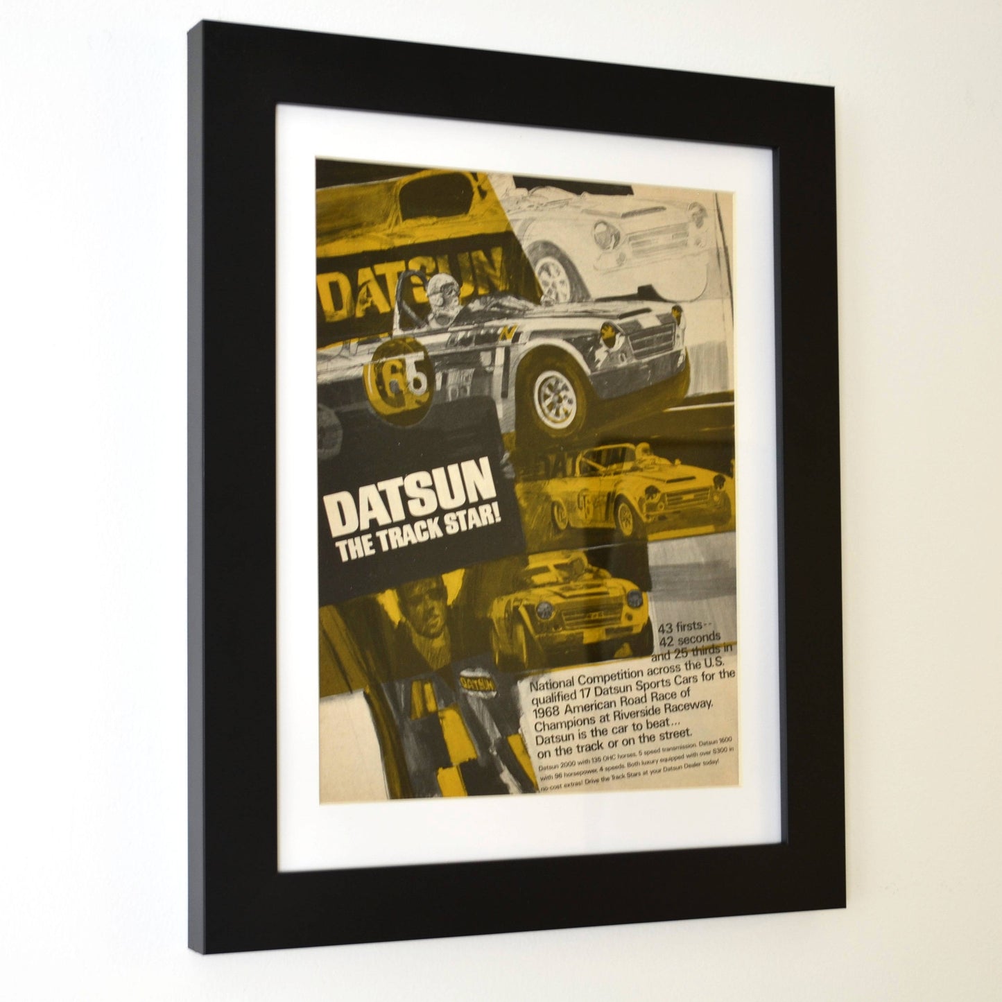 Vintage Datsun 2000 road racing print ad, framed automotive wall art